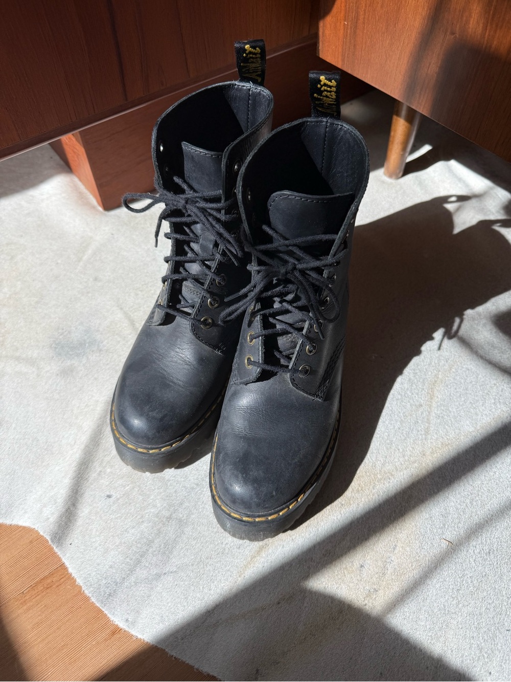 Dr. Martens Black Lace-Up Leather Boots with Yellow Stitching